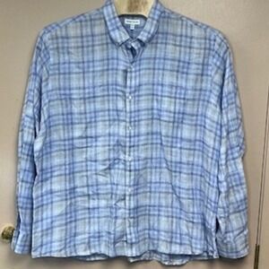 Peter Millar Mens XXL Blue Plaid Linen Button Down‎ Shirt Long Sleeve Casual